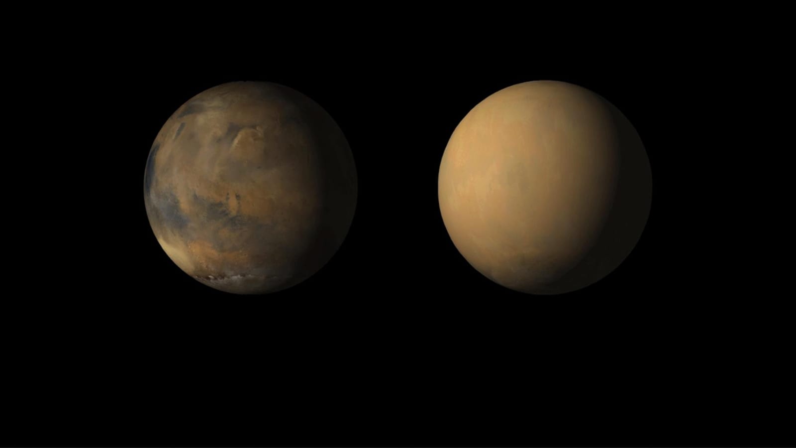 Two views of the full disc of Mars side by side: the left shows dark surface markings, the right is featureless ochre haze.