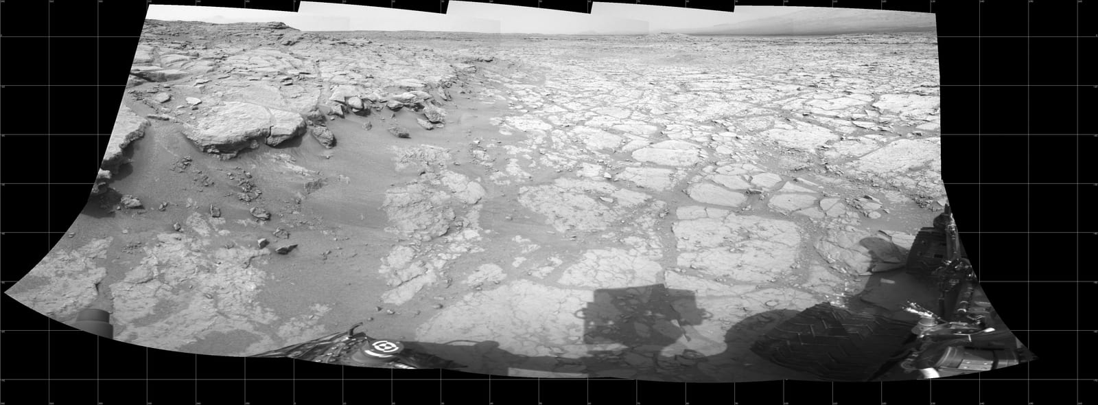 A flat, pale, finely fractured rock pavement stretching to a low horizon, photographed in black and white.