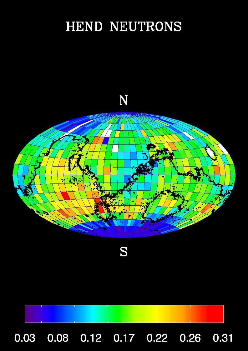 A global map of Mars colour-coded by neutron flux, with deep blue regions covering both polar latitudes.