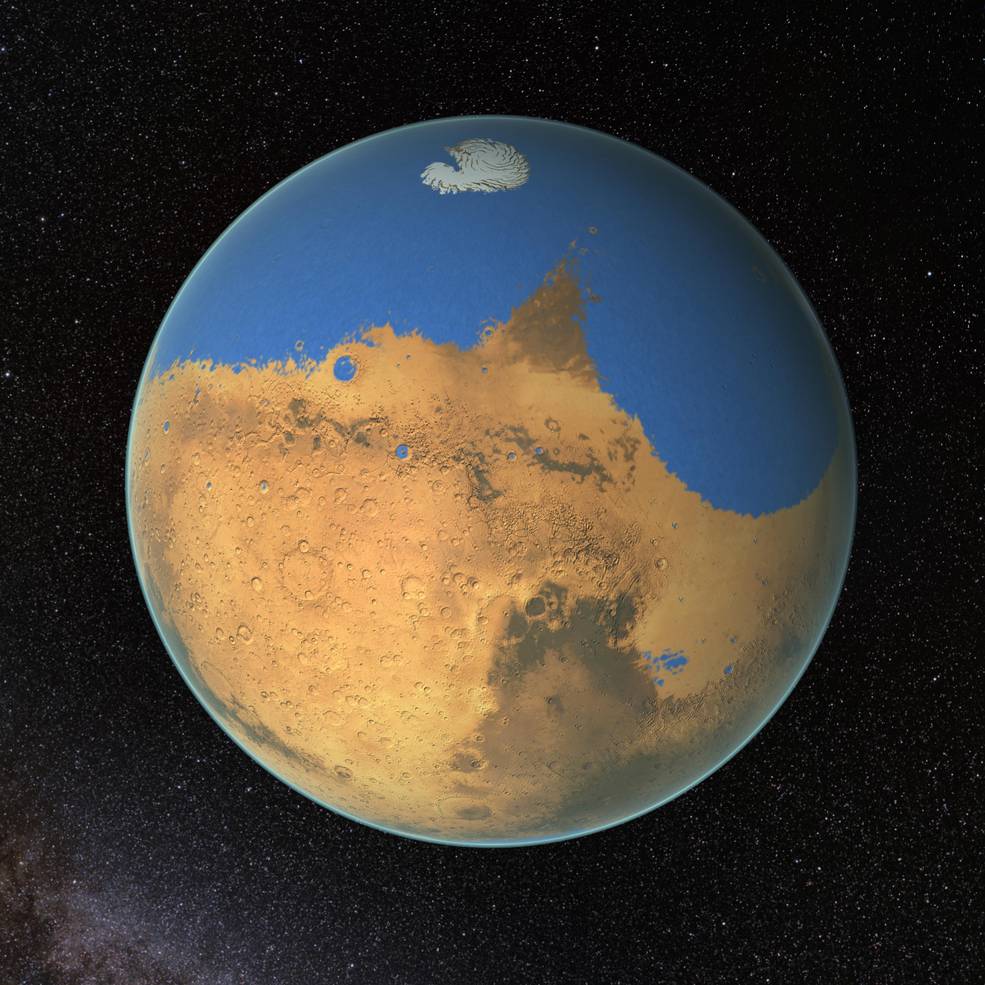 Illustration of the solar wind streaming past Mars and drawing wisps of the planet's upper atmosphere away into space.