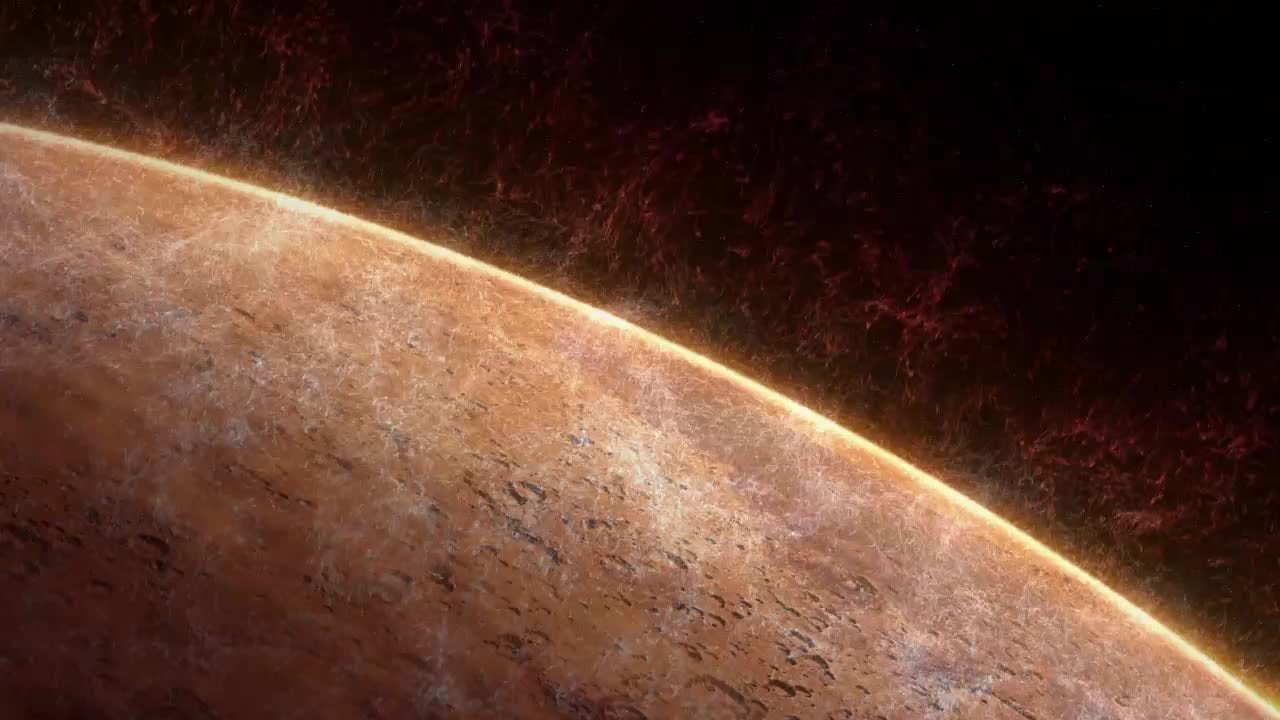 An artist's rendering of Mars seen from close range, the curve of the planet rimmed by a glowing band of atmosphere with faint wisps of gas trailing off into black space.
